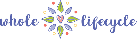 Whole Lifecycle Nutrition logo of the words "Whole" and "Lifecycle" in a purple script font. In the center of the two words is a pastel-colored mandala with a heart center and leaves and dots circling it