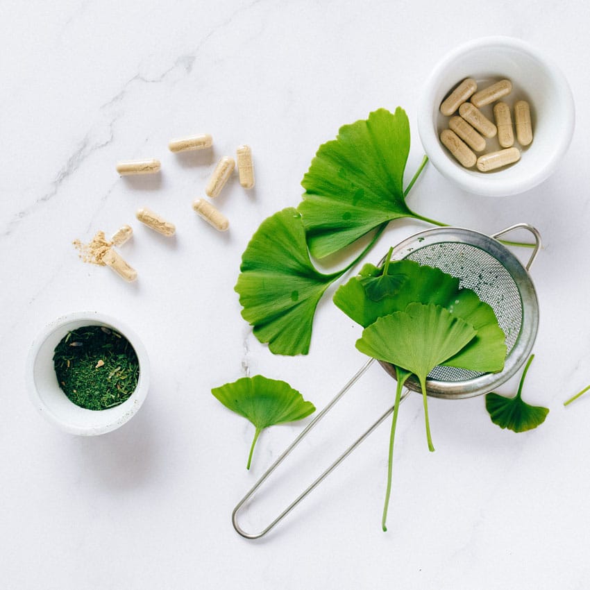 Dried herbs, gingko leaves, and supplement pills, Integrative and functional nutrition